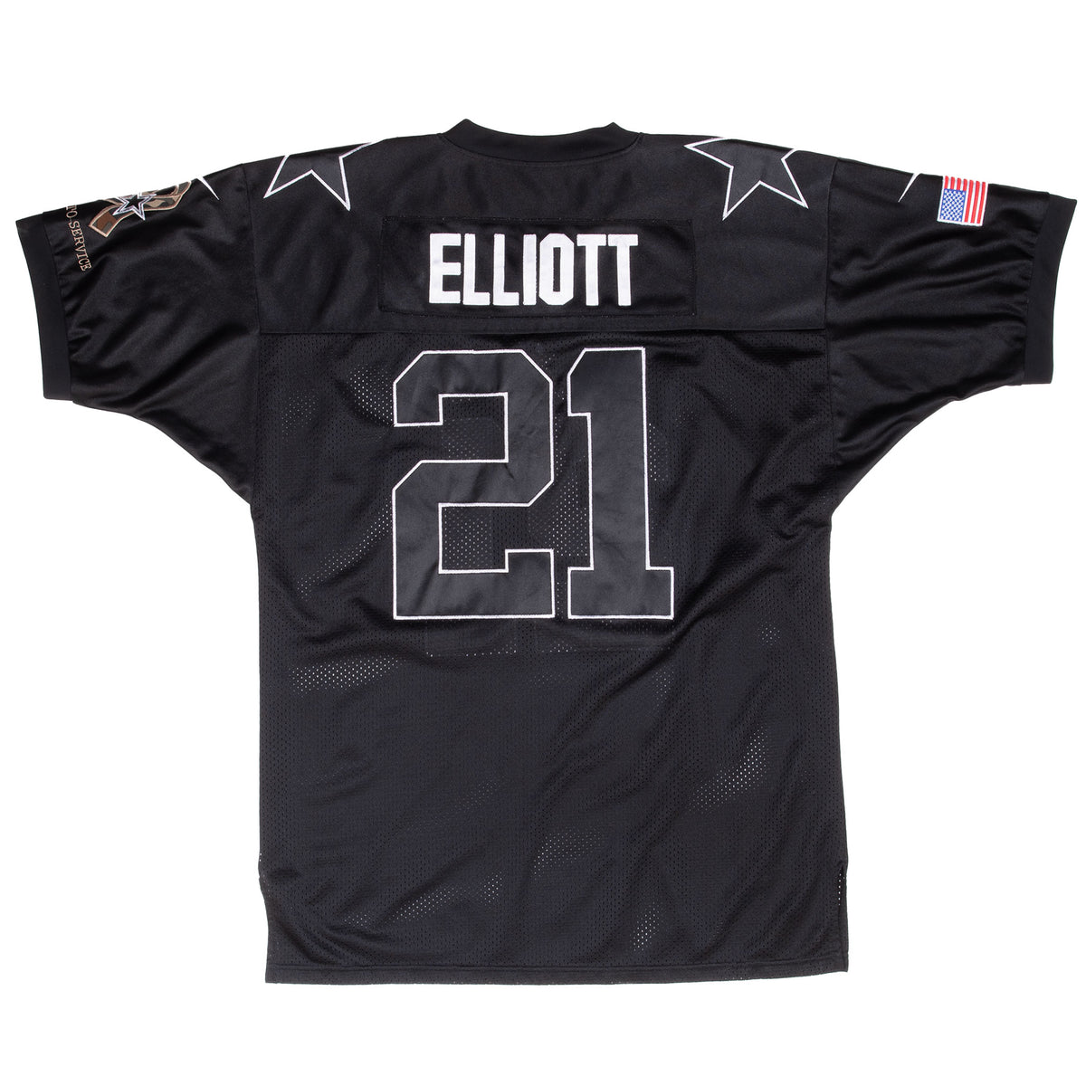 Back of black Dallas Cowboys jersey with Elliott name, number 21 and American flag sleeve patch