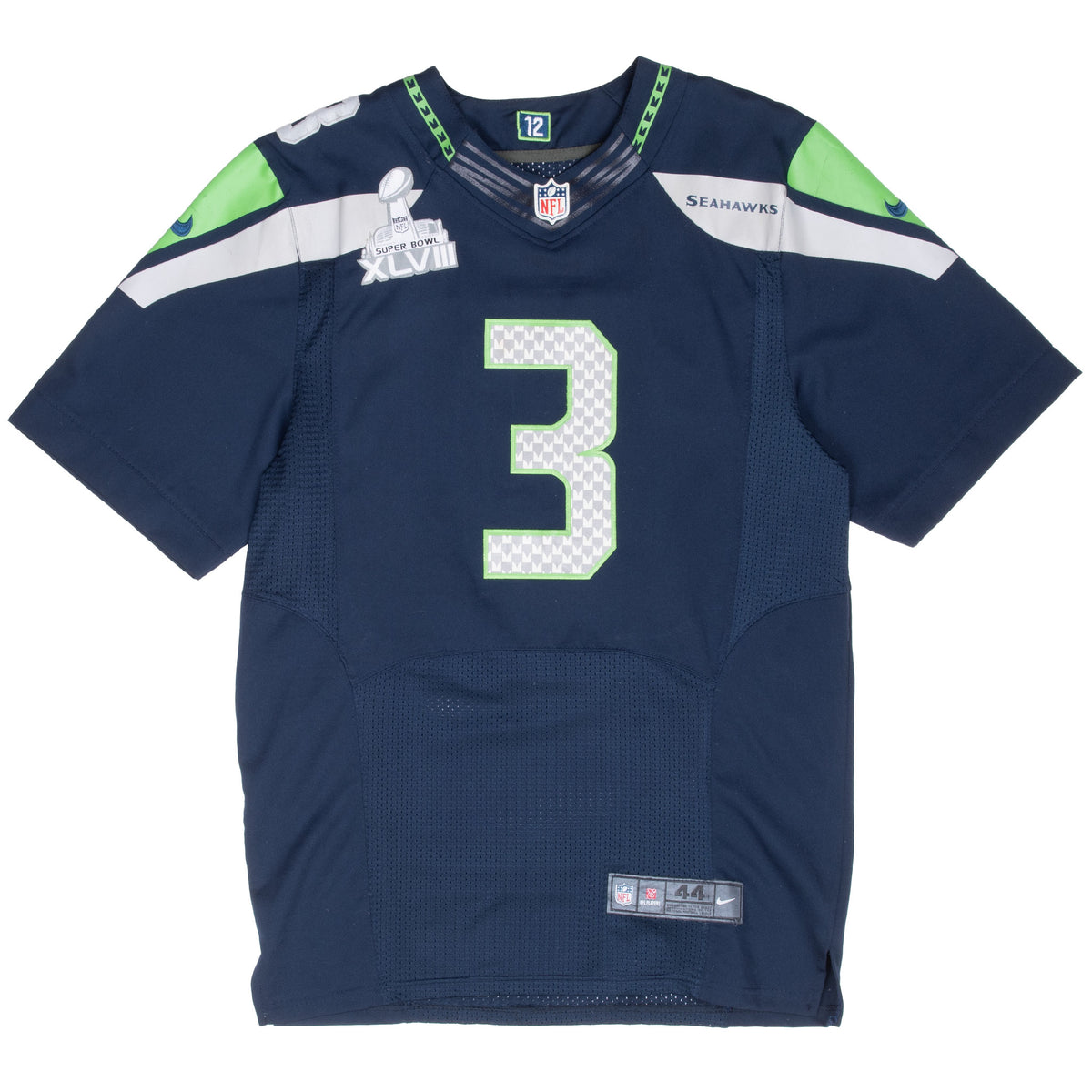 Front of navy Nike Seattle Seahawks Russell Wilson #3 Super Bowl XLVIII jersey
