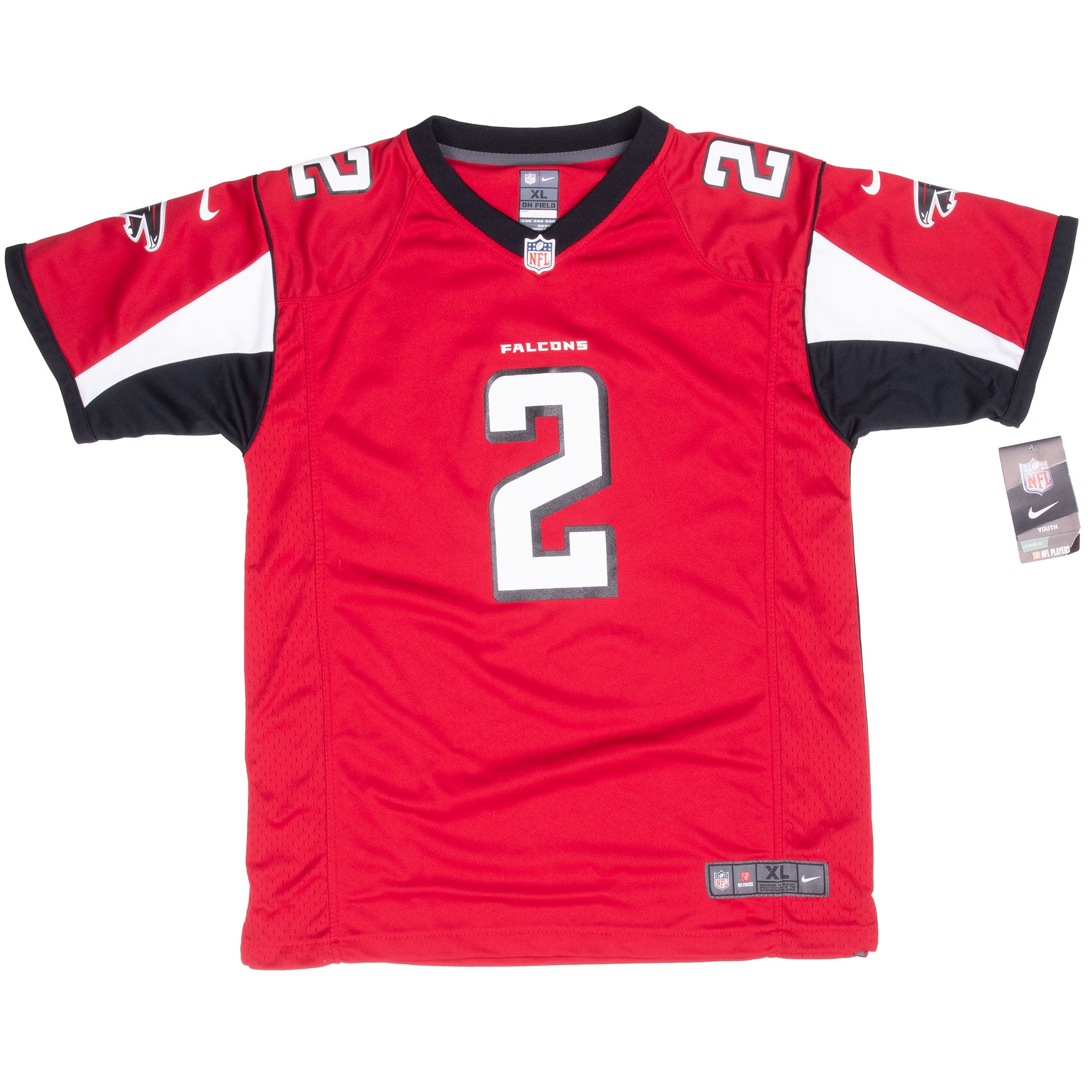 Front of red Atlanta Falcons Nike youth jersey with number 2 and attached hangtag
