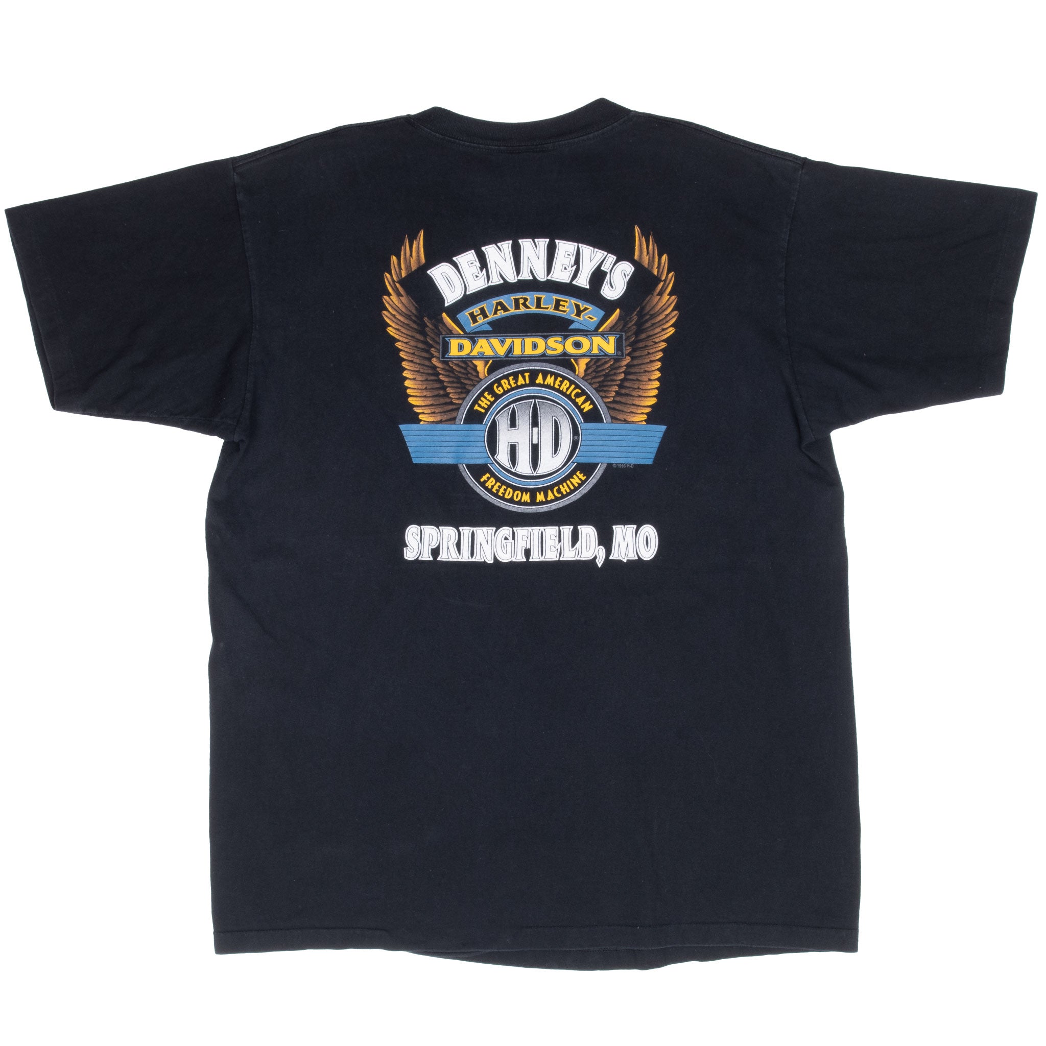 Back of black Harley-Davidson T-shirt with Denney's winged logo and Springfield, MO print