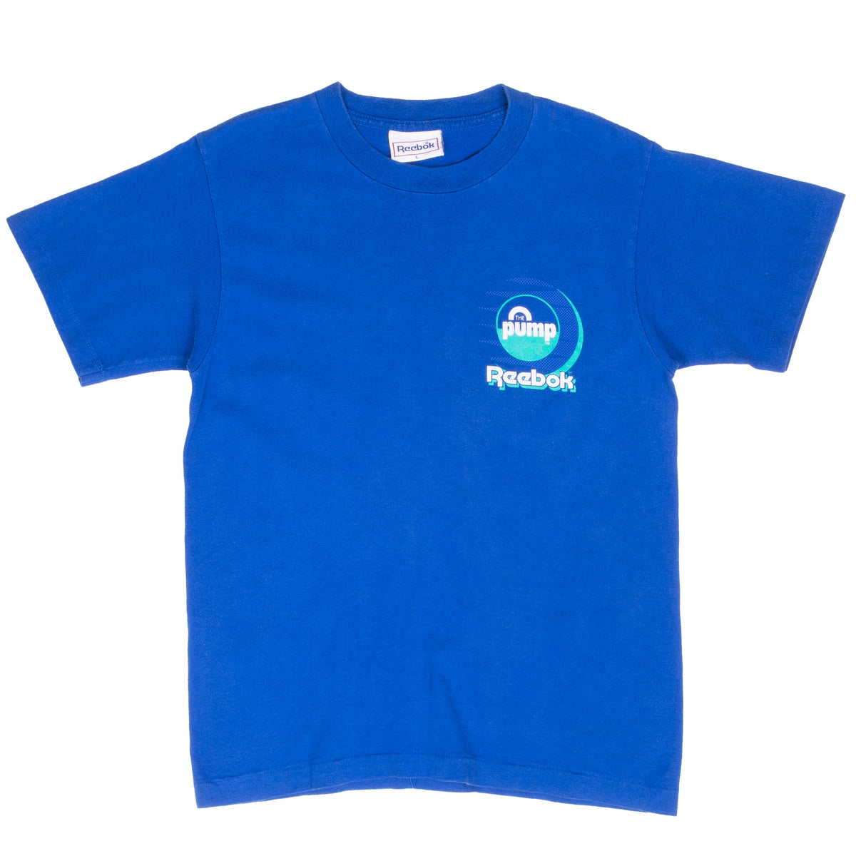 Full front view of blue Reebok T-shirt with The Pump chest logo