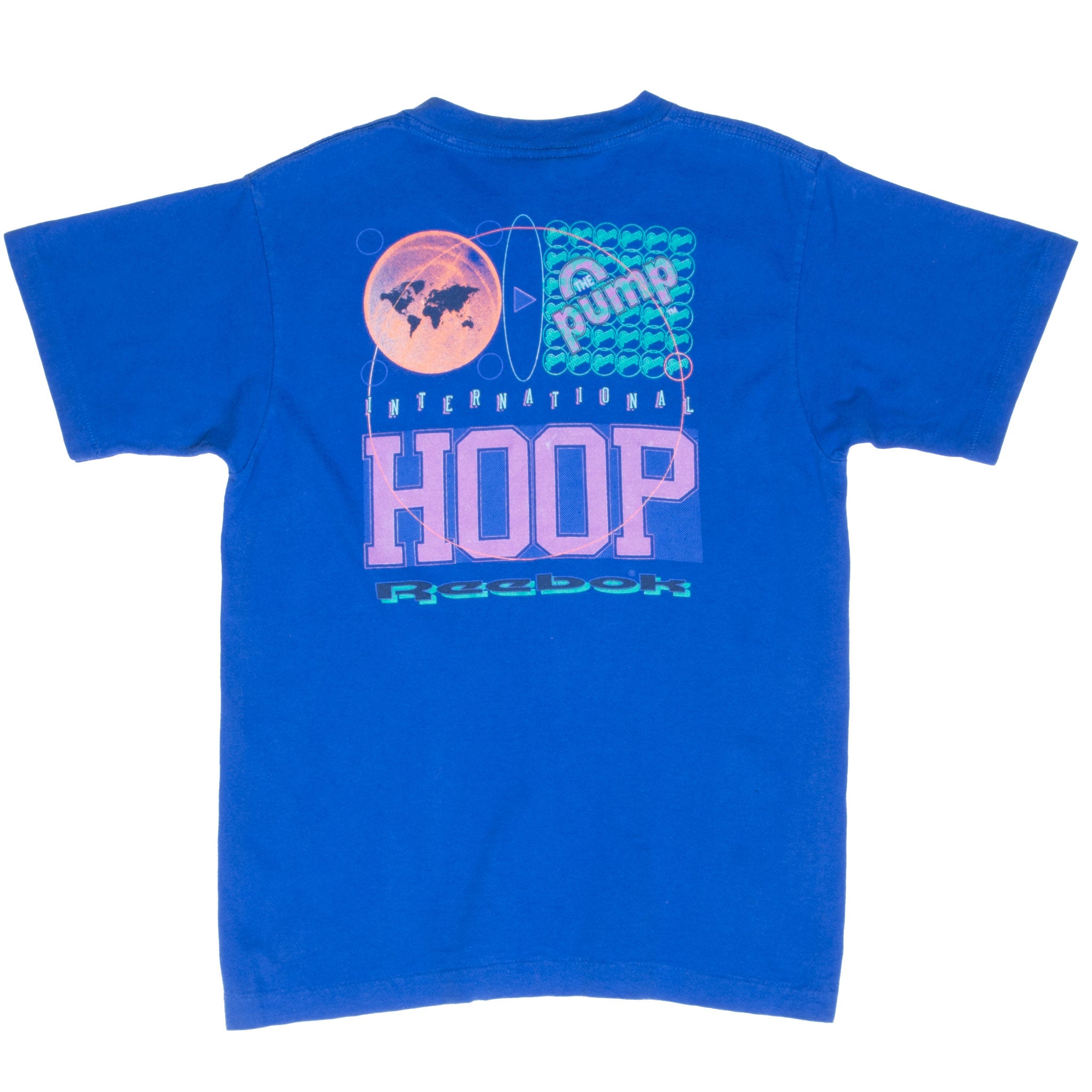 VINTAGE REEBOK PUMP INTERNATIONAL HOOP BLUE TEE SHIRT 1990S SMALL MADE IN USA