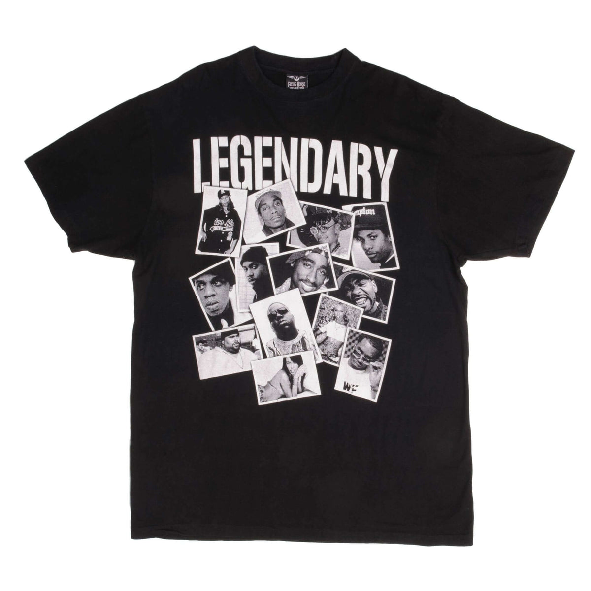 Full front view of black Legendary hip-hop T-shirt with a collage of rap artist portraits