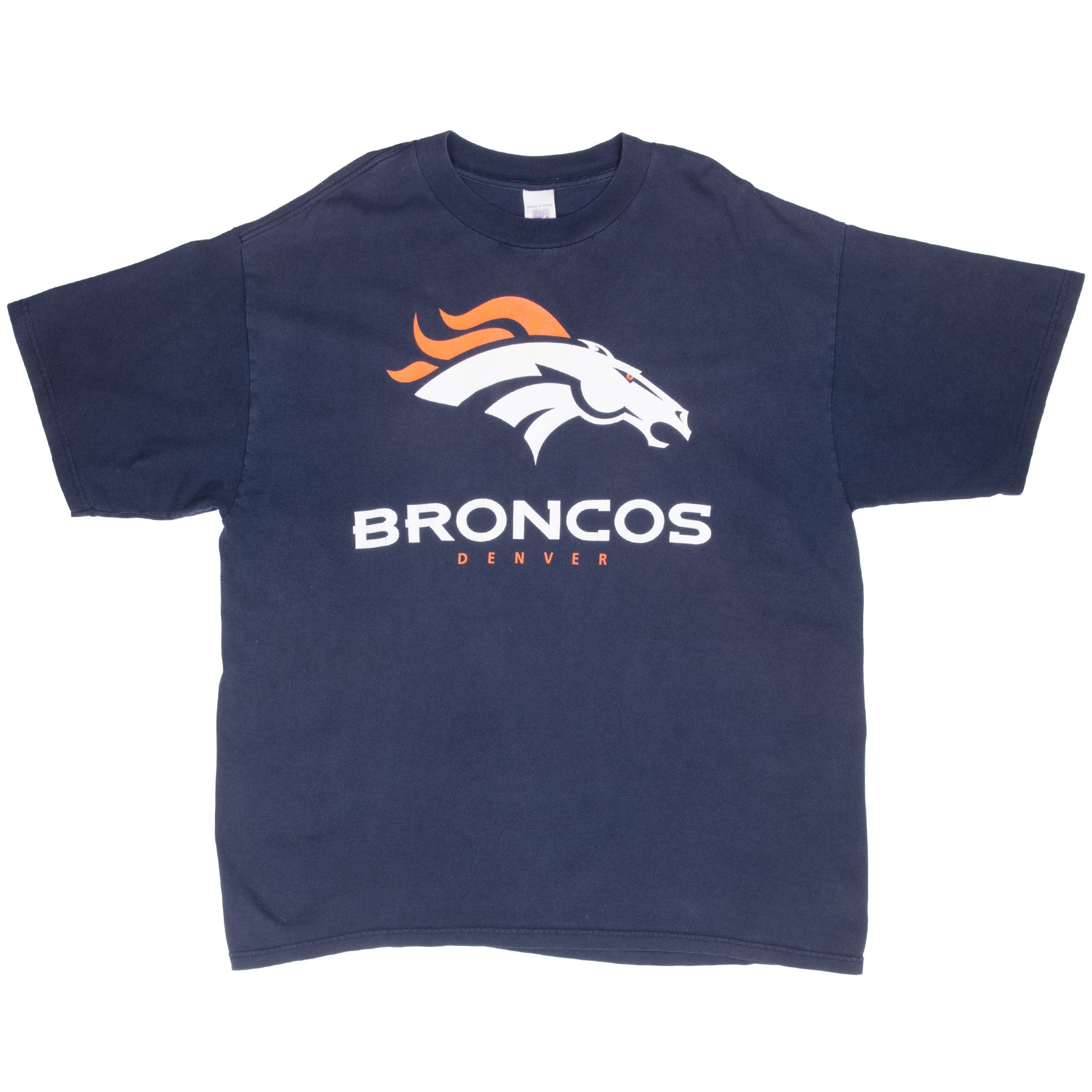 Front of navy Denver Broncos T-shirt with white and orange horse logo