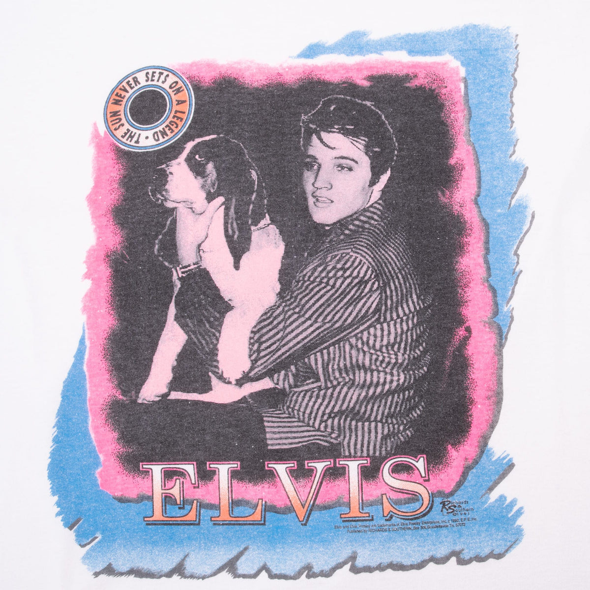 Front graphic detail of Elvis Presley holding a dog with ELVIS lettering and pink and blue accents