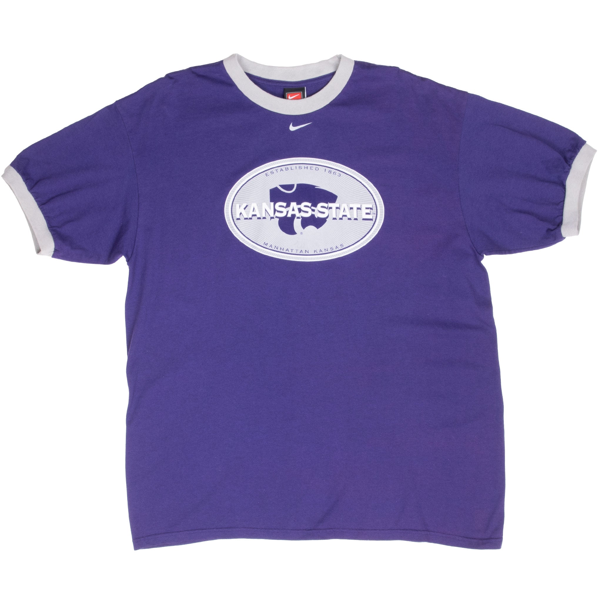 Full front view of purple Nike Kansas State ringer T-shirt with gray collar and sleeve trim
