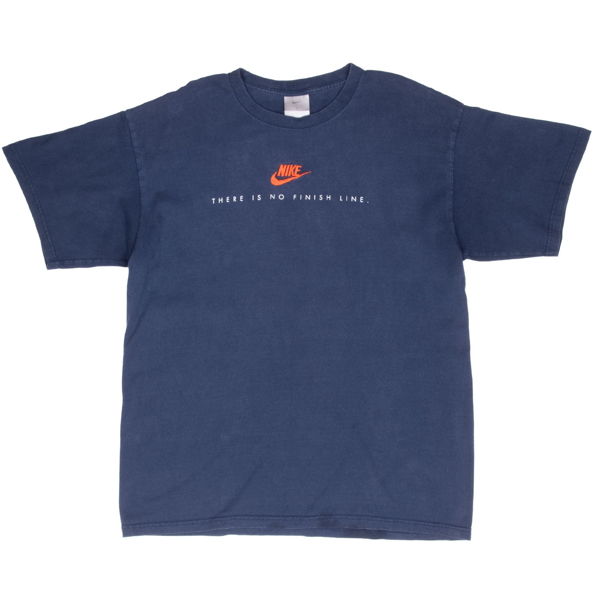 Full front view of blue Nike T-shirt with orange Swoosh and There Is No Finish Line text