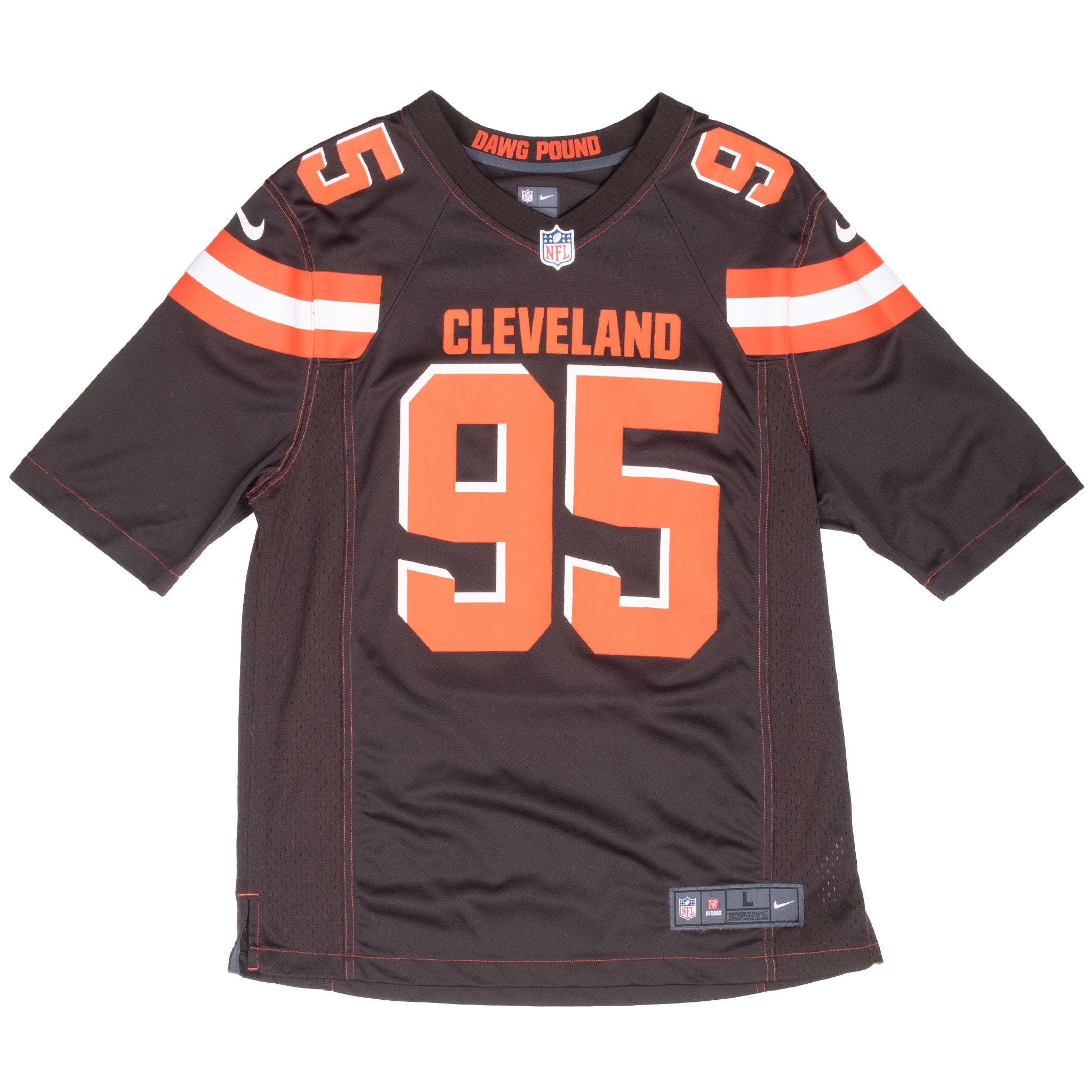 Front of brown Cleveland Browns Myles Garrett #95 Nike jersey with orange and white sleeve stripes