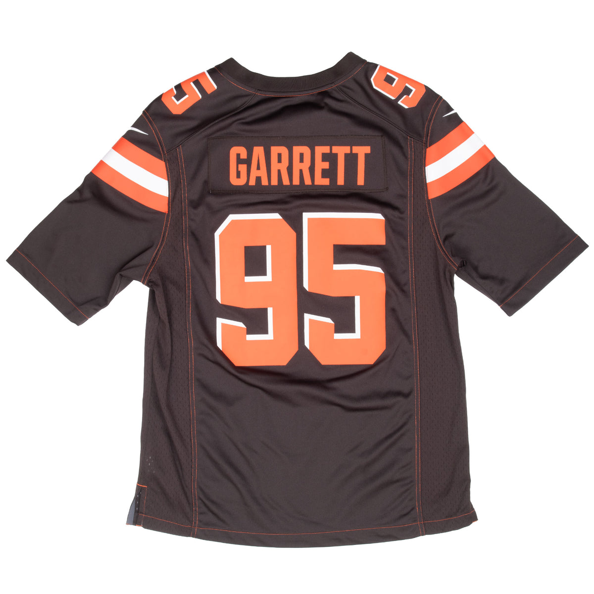 Back of brown Cleveland Browns Nike jersey with Garrett name and orange #95