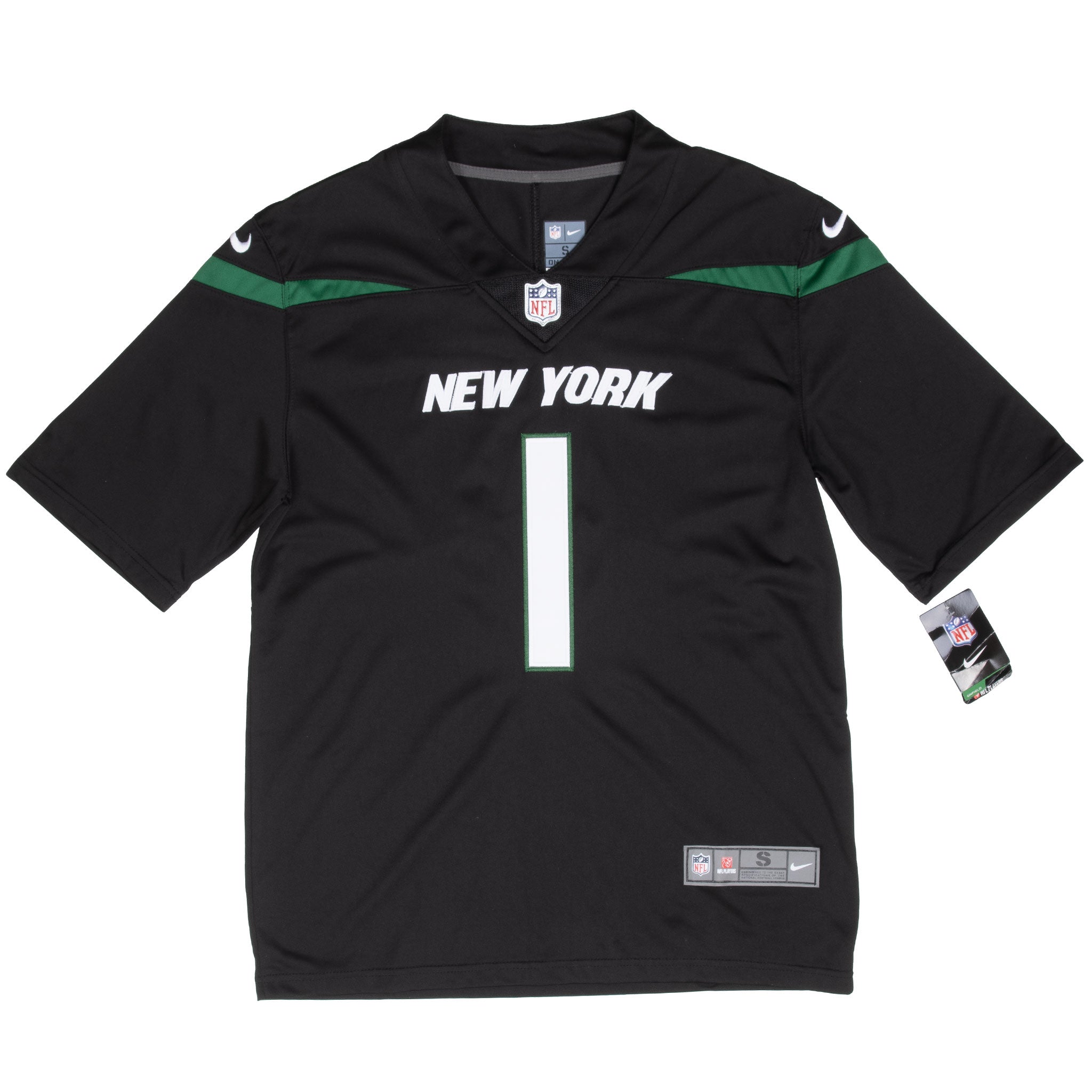 Front of black Nike New York Jets Gardner #1 jersey with green shoulder panels and attached tags