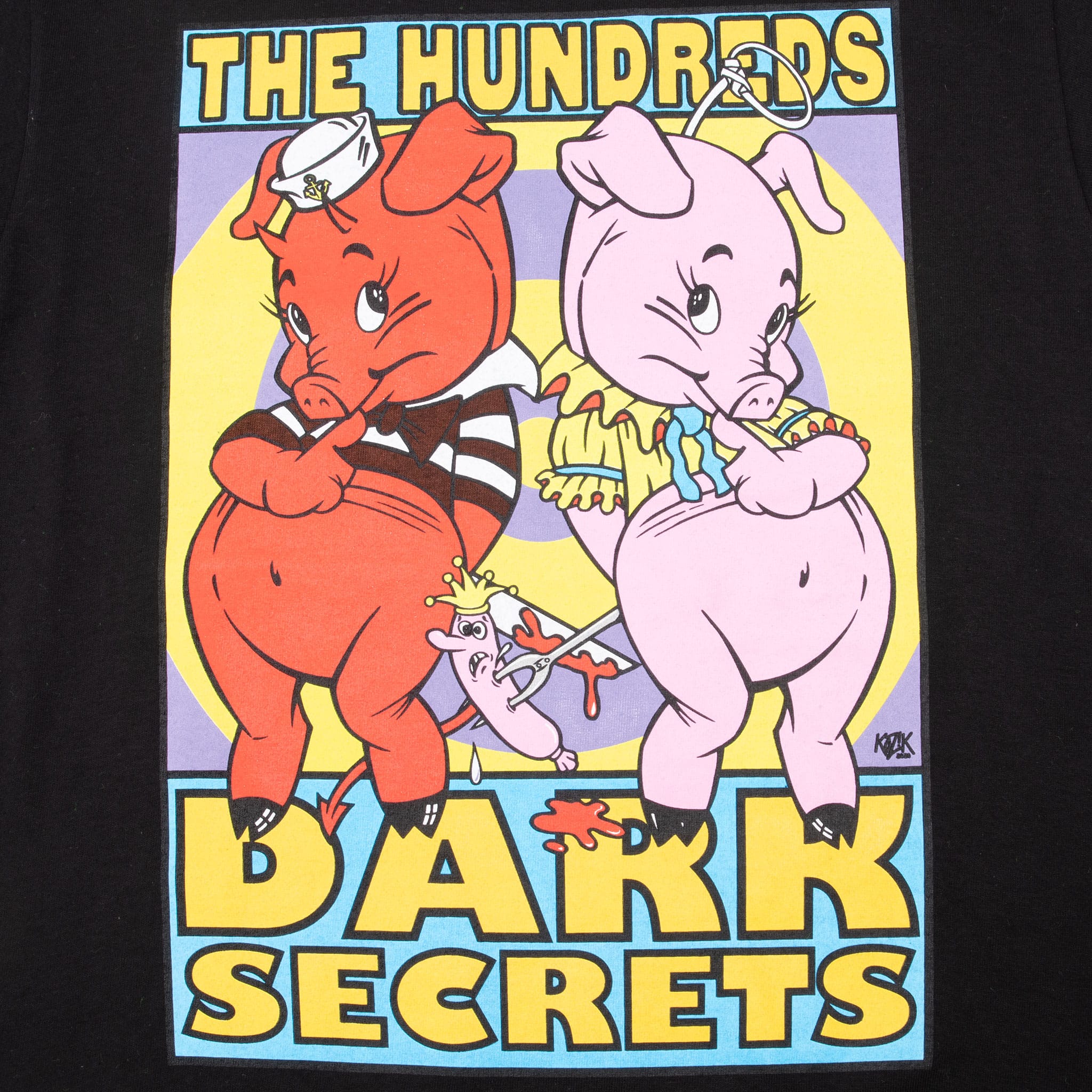Close-up of colorful The Hundreds Dark Secrets print featuring two cartoon pigs
