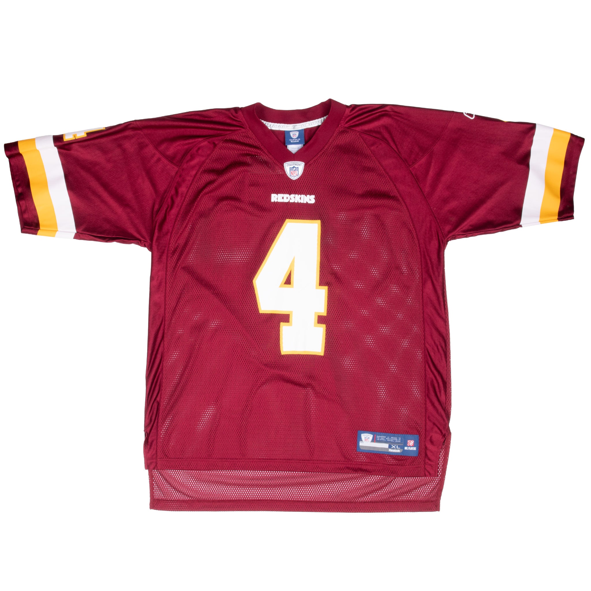 Front of burgundy Washington Redskins Reebok jersey with number 4 and striped sleeves