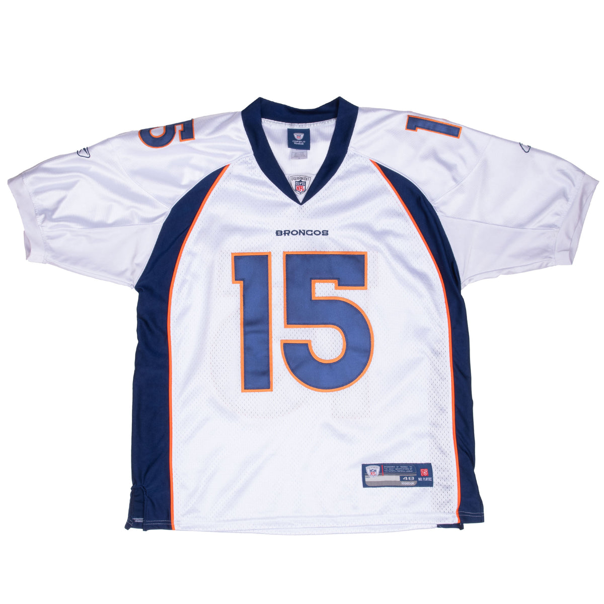 Front of white Denver Broncos Reebok jersey with navy side panels and number 15