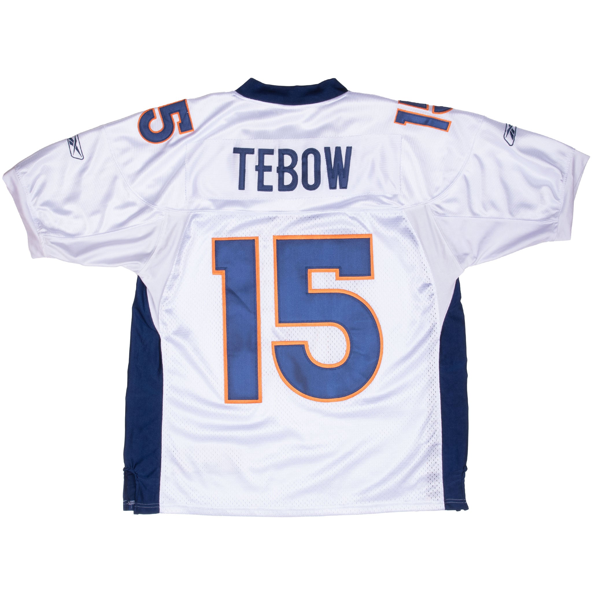 Back of white Denver Broncos Reebok jersey with Tebow name and number 15