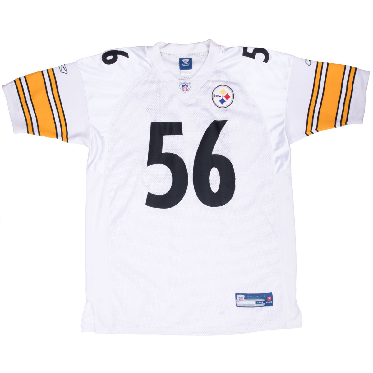 Front of white Reebok Pittsburgh Steelers Woodley #56 jersey with black and gold striped sleeves