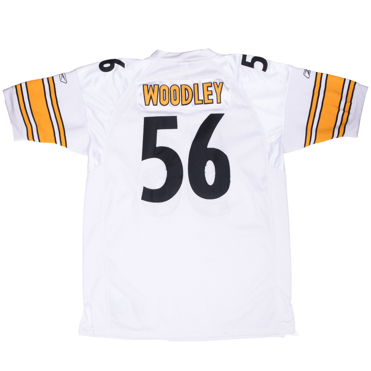 Back of white Pittsburgh Steelers jersey with Woodley lettering and black number 56