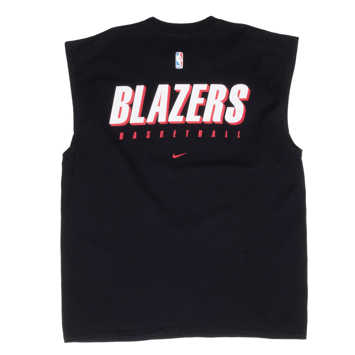 Back of black Nike tank top with Blazers Basketball graphic and NBA logo