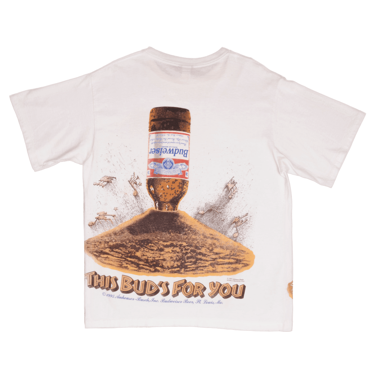 Vintage All Over Print Budweiser Ants This Bud Is For You Tee Shirt 1995 Size XL Made In USA With Single Stitch Sleeves
