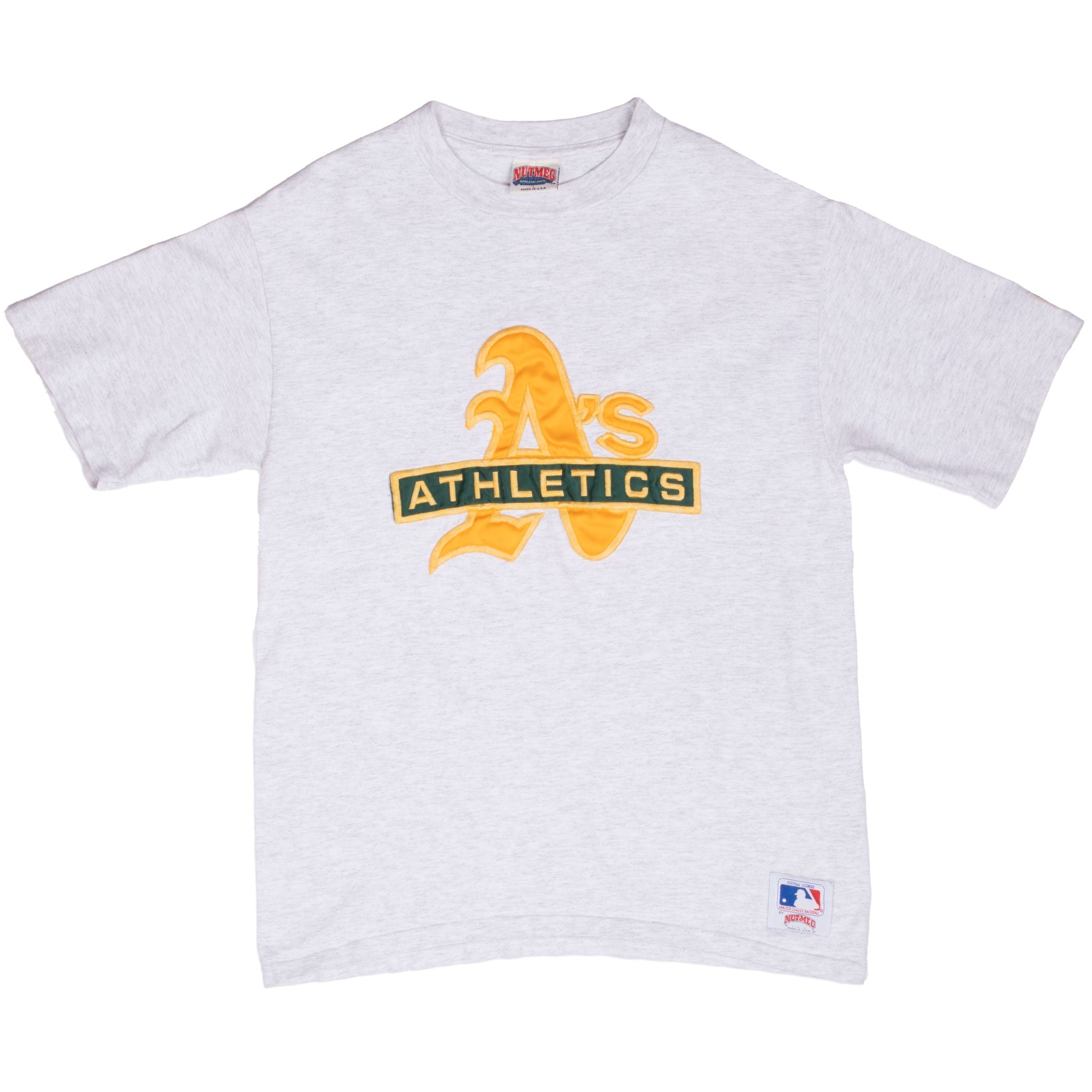Front of gray Oakland Athletics MLB T-shirt with yellow and green embroidered A's logo