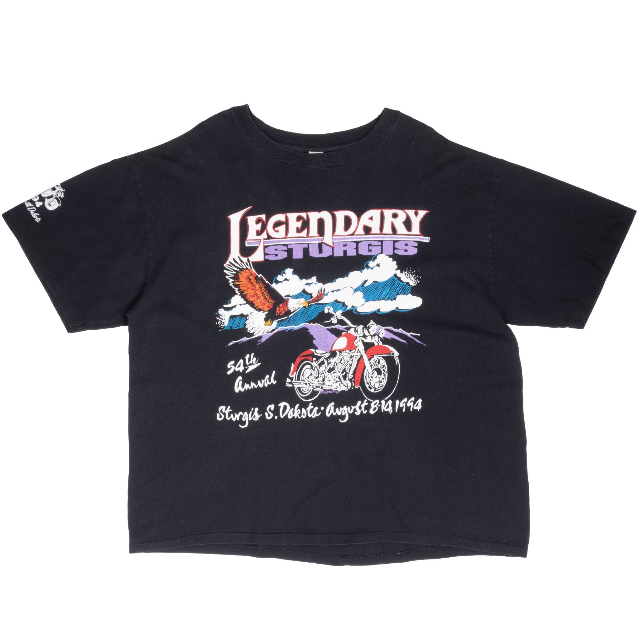 Front of black 1994 Sturgis Bike Week T-shirt with eagle and motorcycle graphic