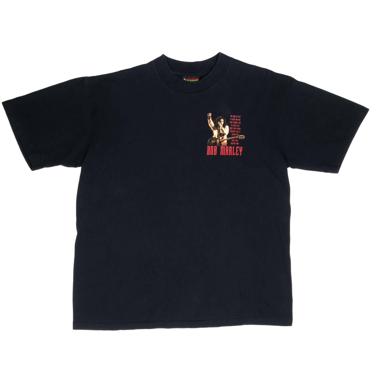 Front of black Bob Marley T-shirt with small performance graphic on left chest