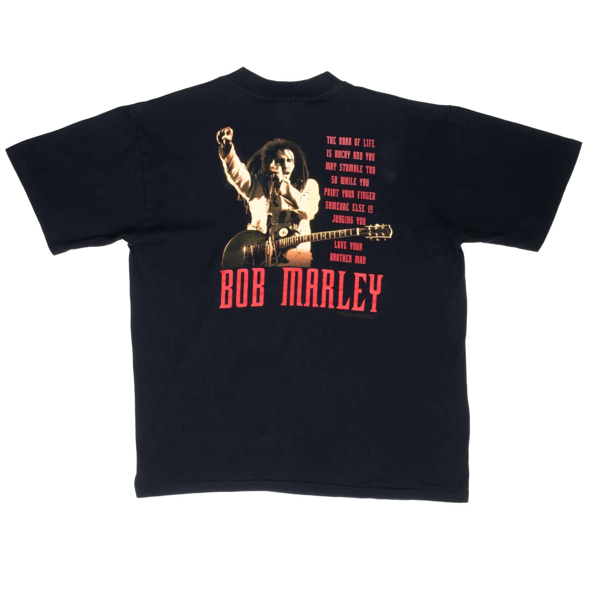 Full back of black Bob Marley T-shirt with performance graphic, quote and red name print