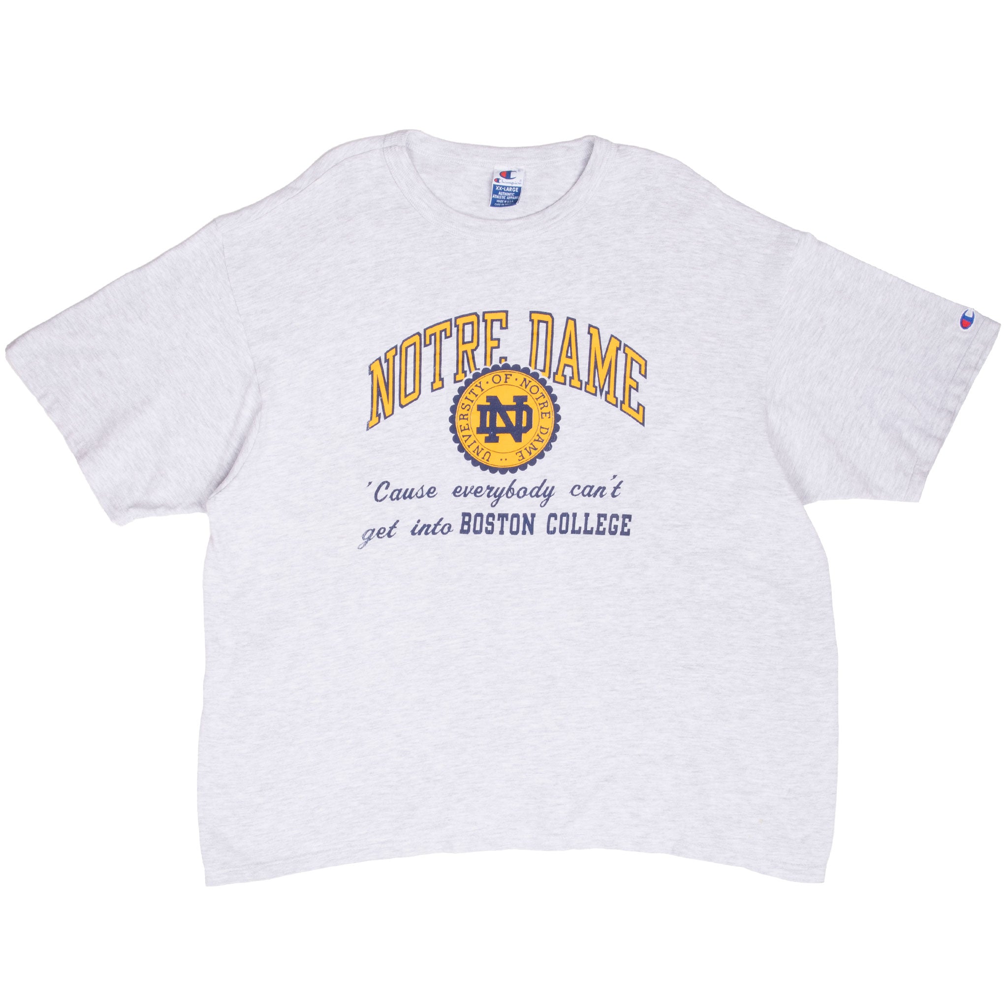 Front of gray Champion Notre Dame T-shirt with Boston College slogan and sleeve logo