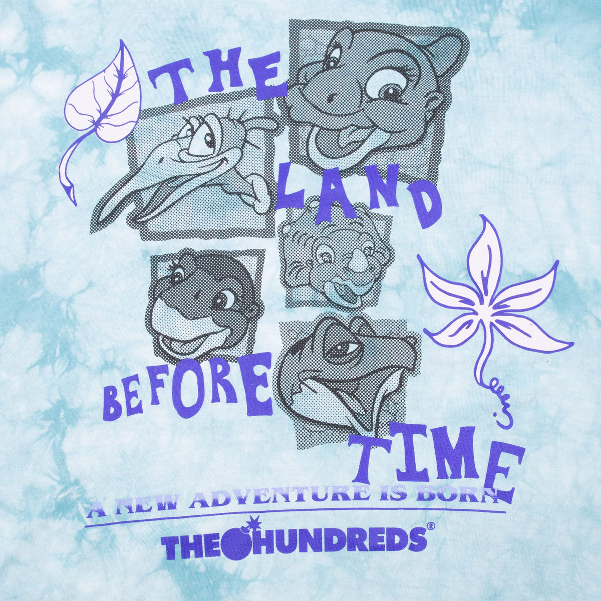 Close-up of Land Before Time character and leaf graphic with purple text and The Hundreds logo