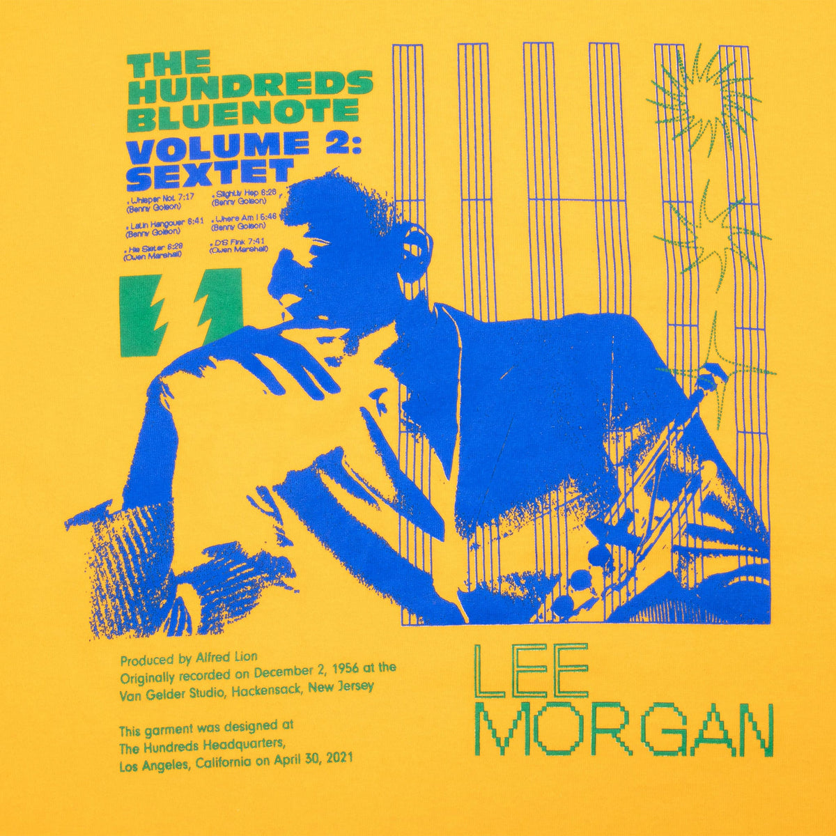 Close-up of blue and green Lee Morgan Volume 2: Sextet front graphic on yellow fabric
