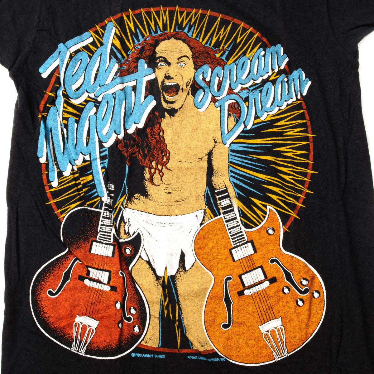 Close-up of Ted Nugent Scream Dream front print with portrait and two guitars