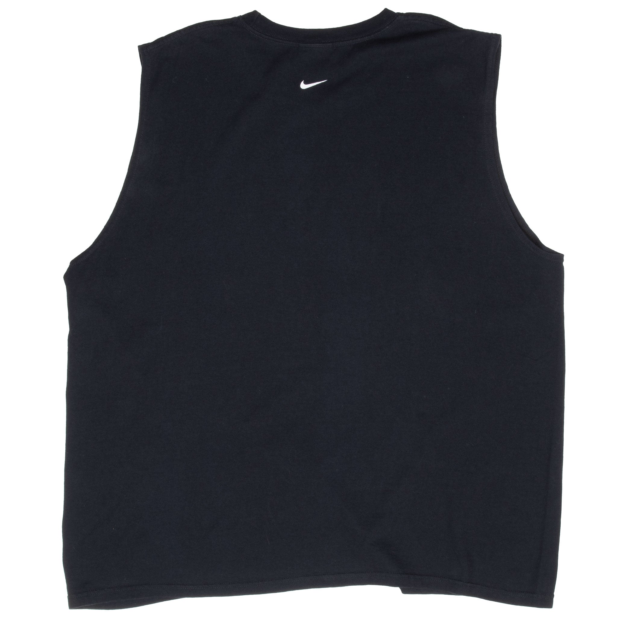 Back of black Nike tank top with small white Swoosh below the neckline