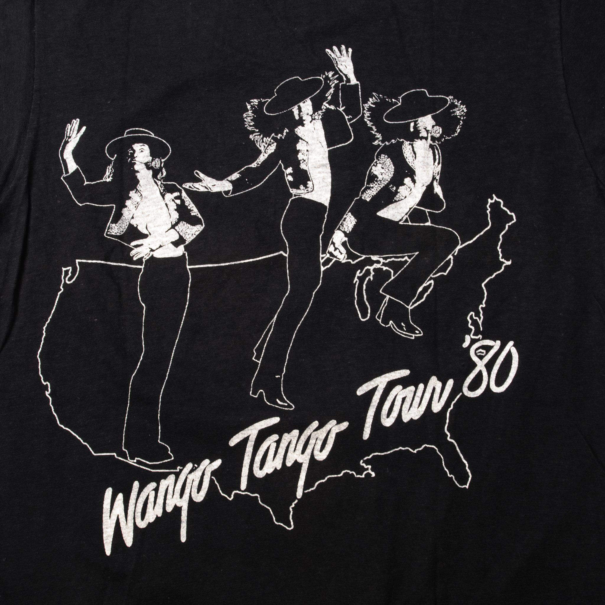 Close-up of white Wango Tango Tour '80 back print with figures over a US map