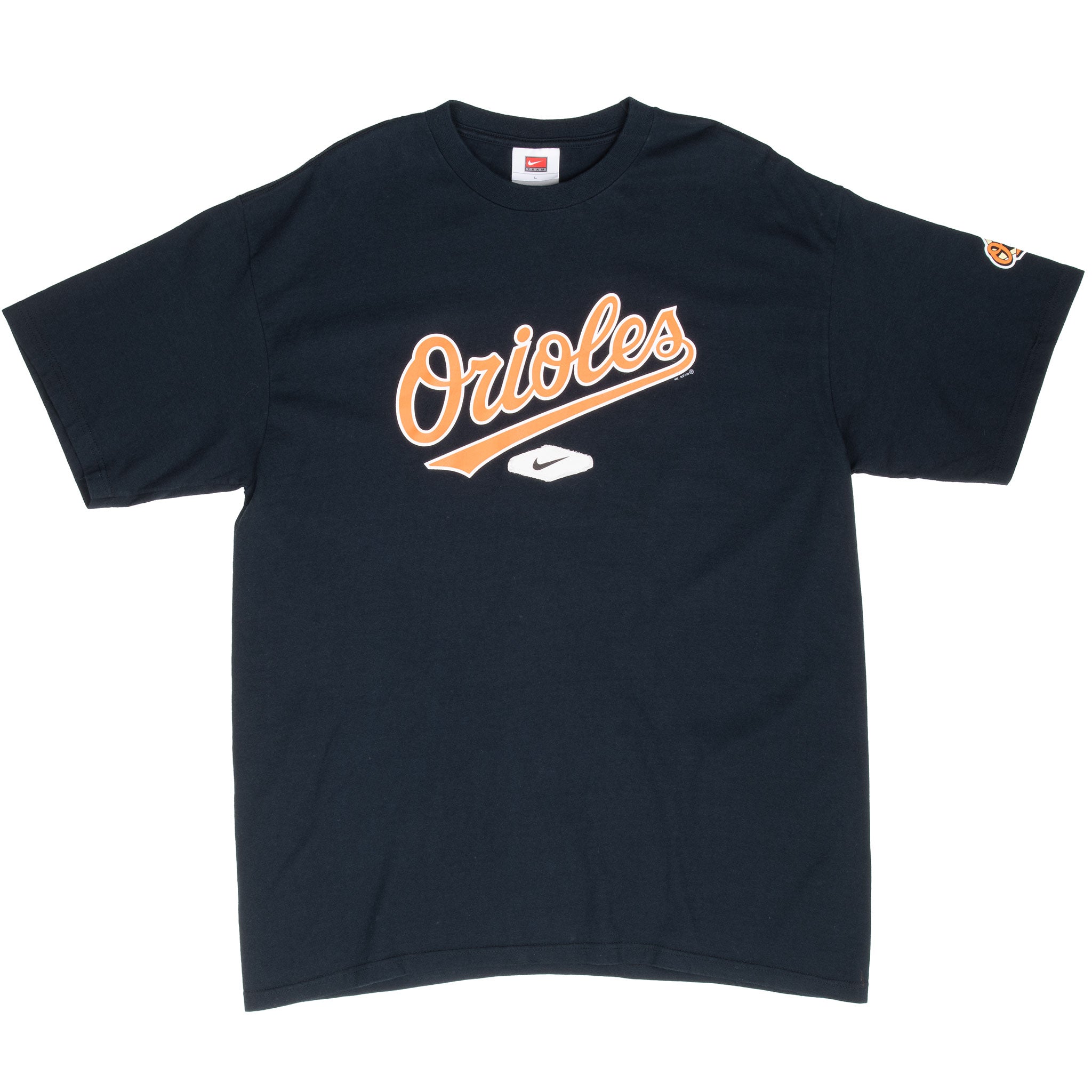 Full front of navy Nike Baltimore Orioles T-shirt with orange script graphic