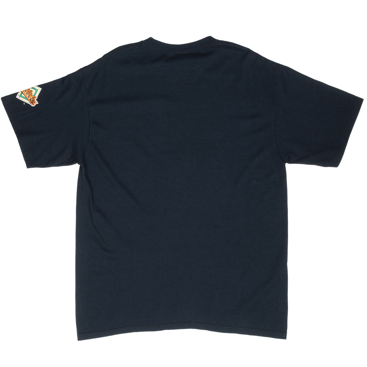Back of navy Baltimore Orioles Nike T-shirt with sleeve logo