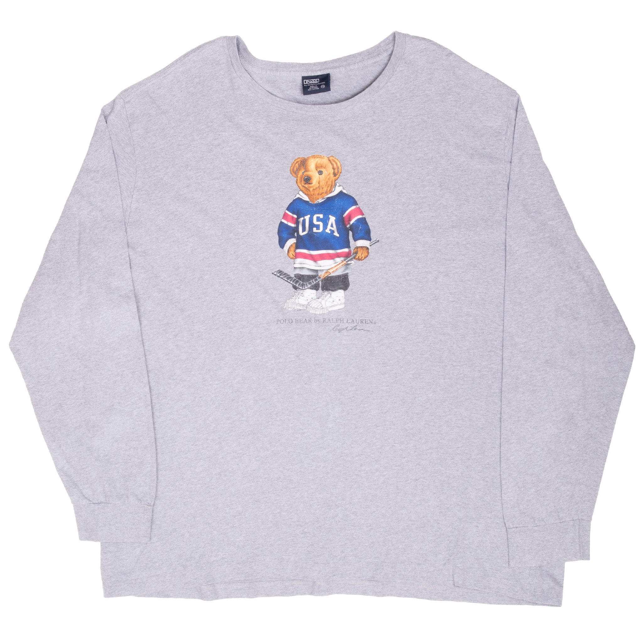 Gray Ralph Lauren long-sleeve shirt front with Polo Bear wearing a USA hockey jersey
