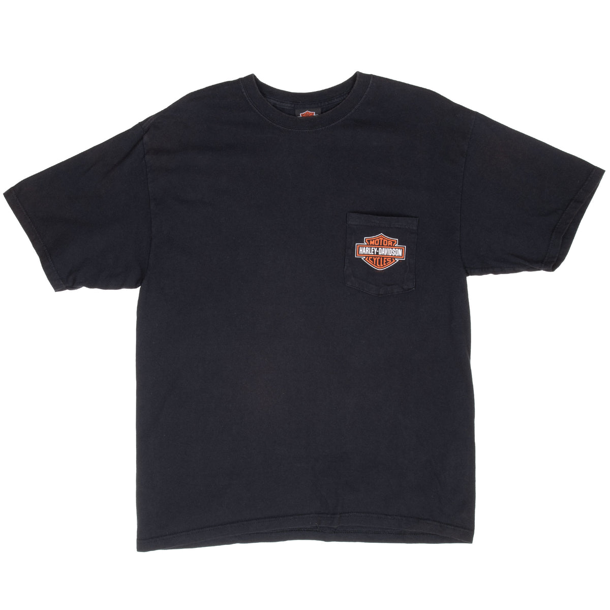 Front of black Harley-Davidson T-shirt with logo chest pocket