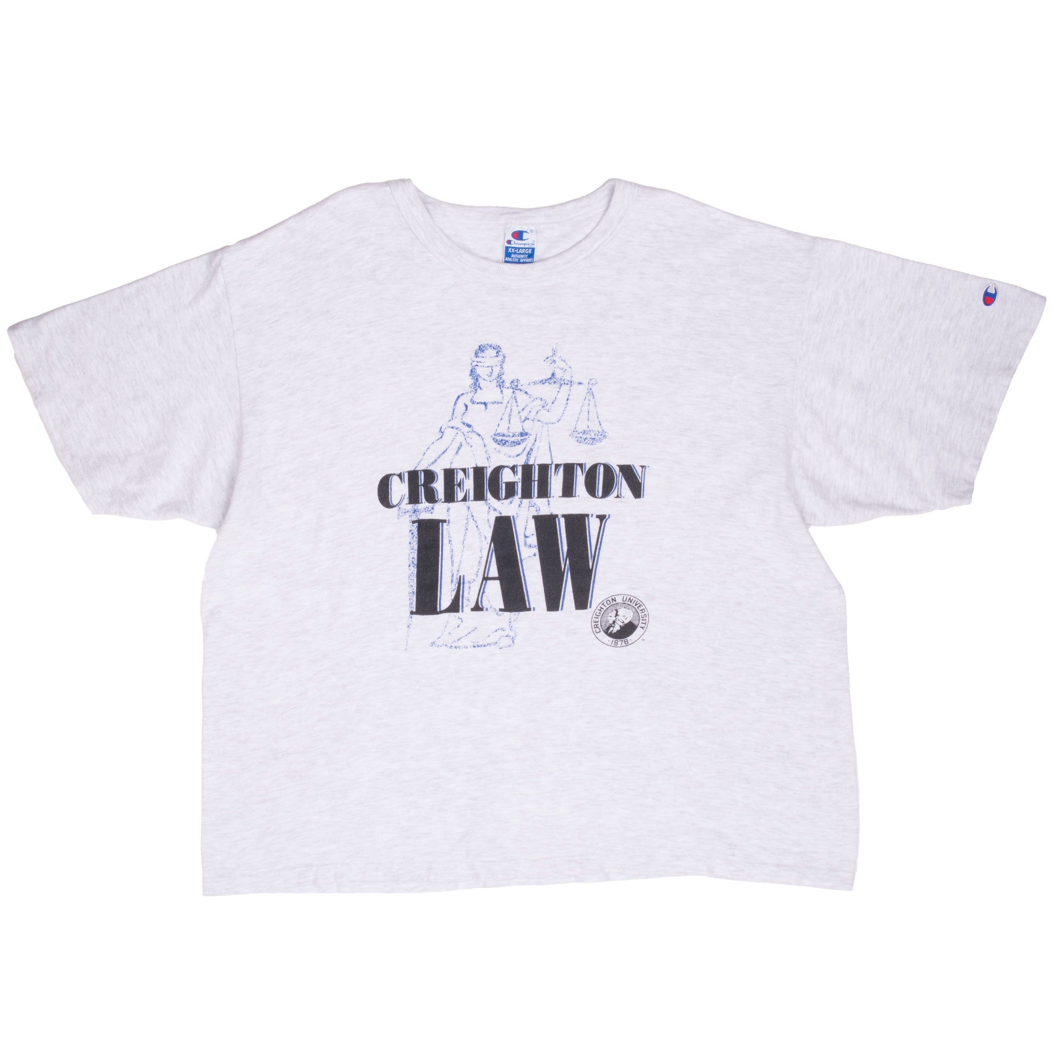 Front of gray Champion Creighton University Law T-shirt with Lady Justice graphic