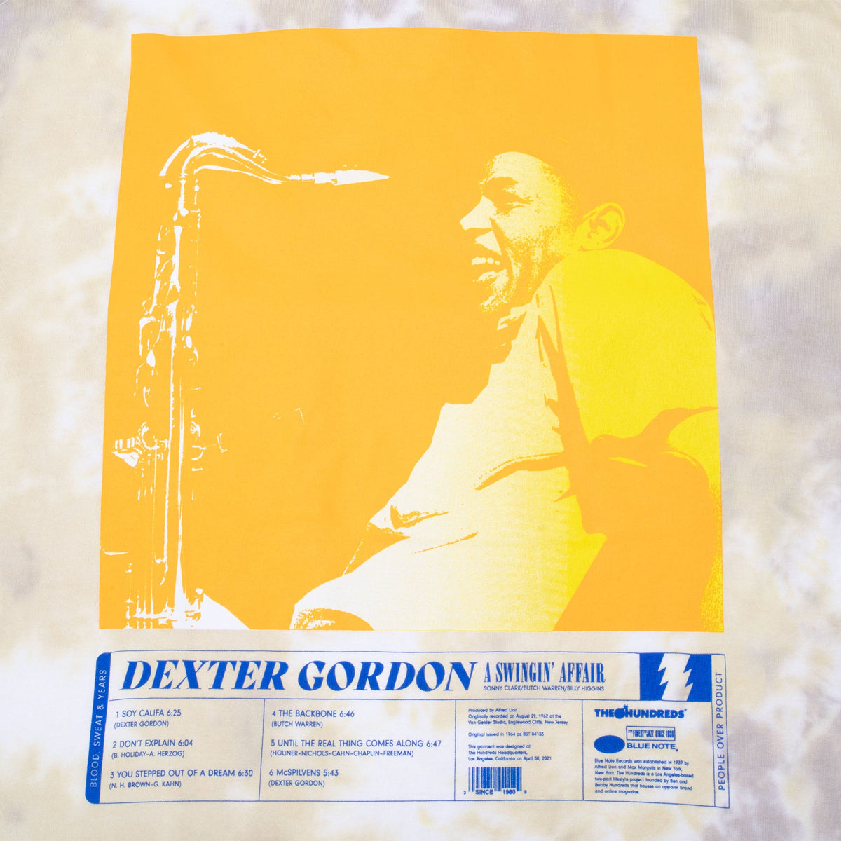 Close-up of orange back graphic featuring Dexter Gordon beside a saxophone and album panel