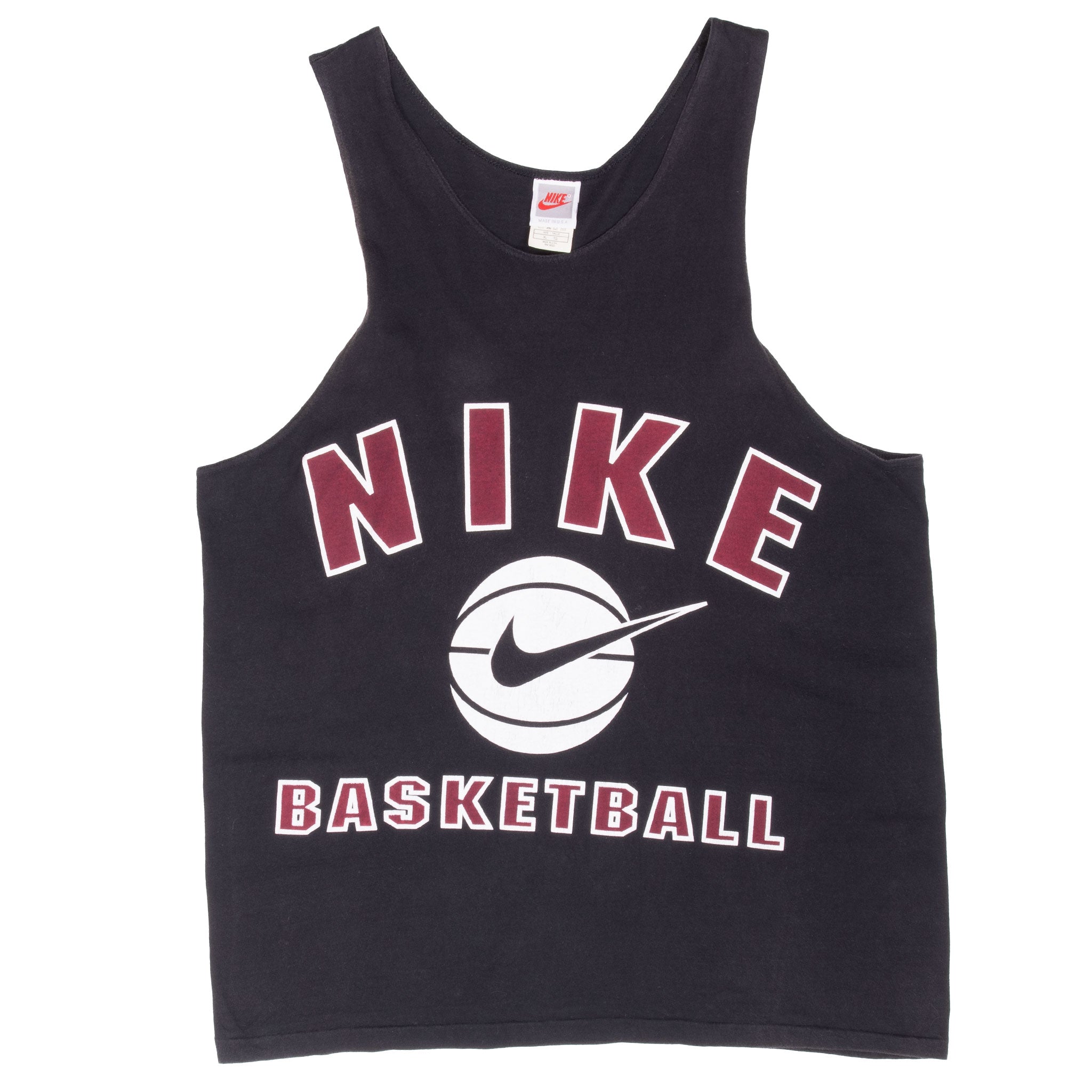 Front of black Nike Basketball tank top with burgundy and white graphic