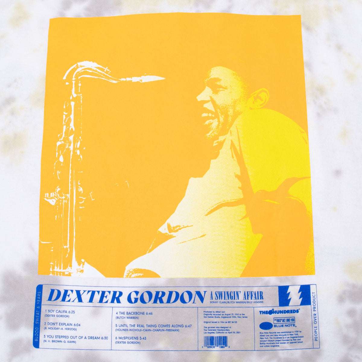 Back graphic detail showing Dexter Gordon with saxophone in orange and yellow tones