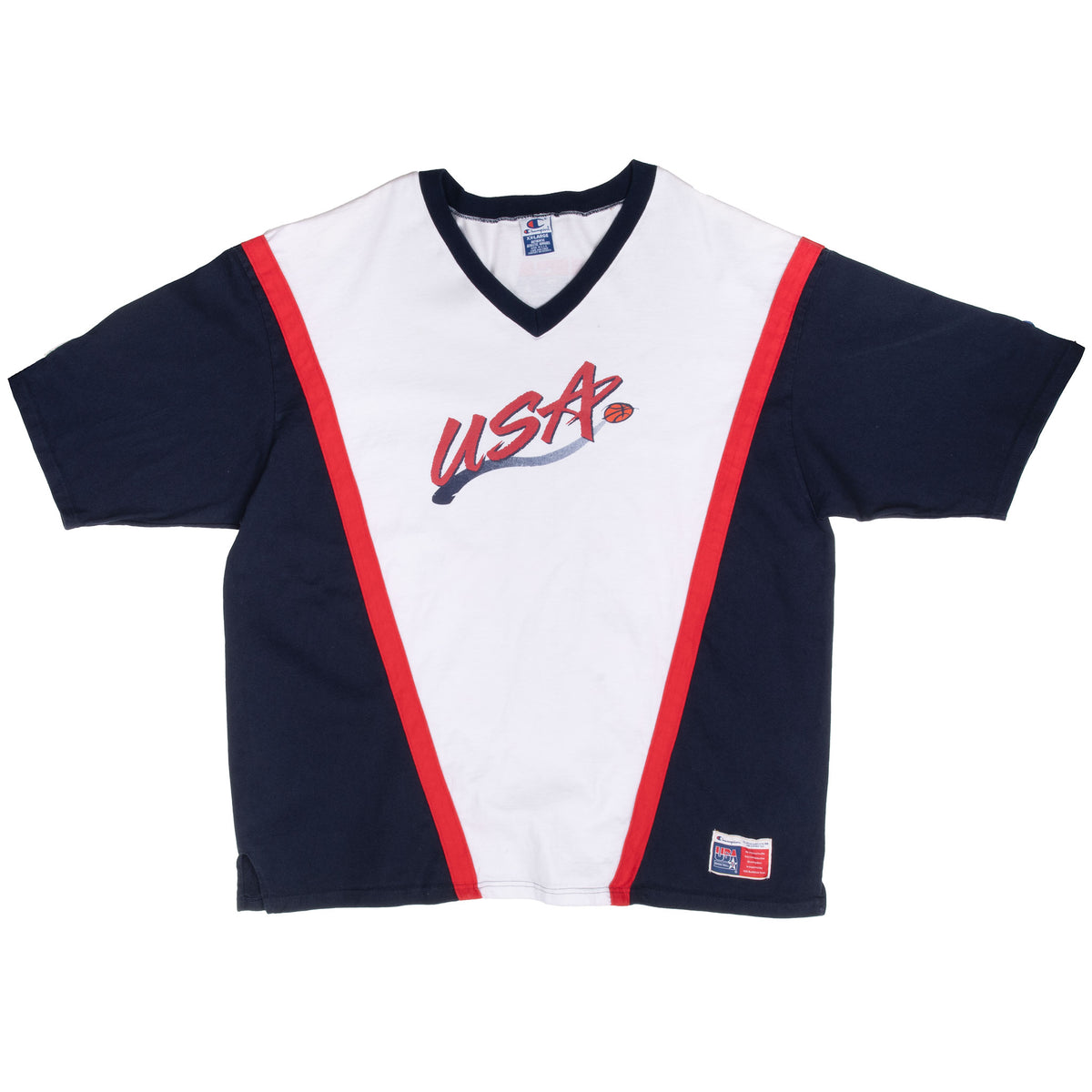 Front of Champion USA Basketball V-neck tee in white, navy, and red