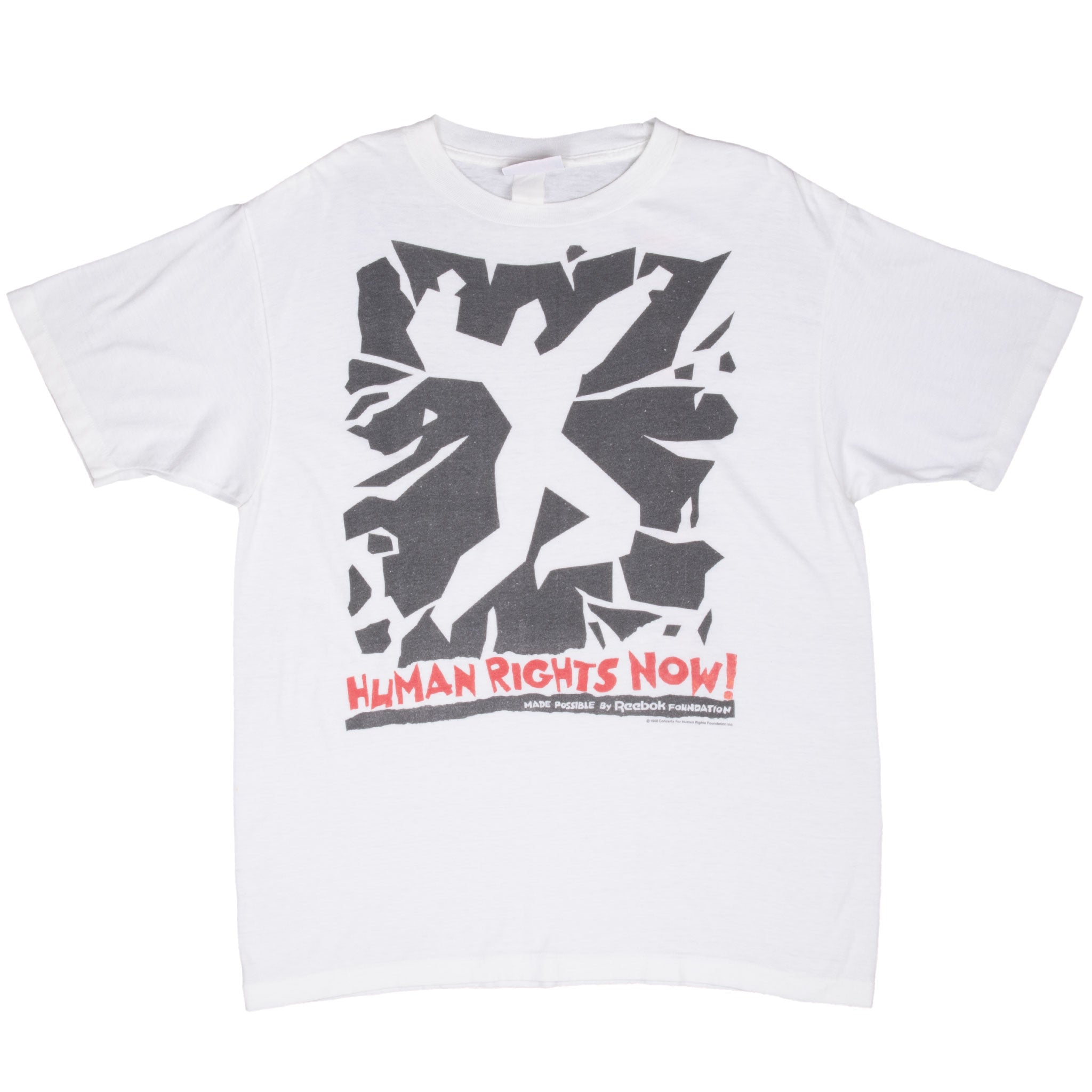 Full front view of white Reebok Human Rights Now 1988 tour T-shirt
