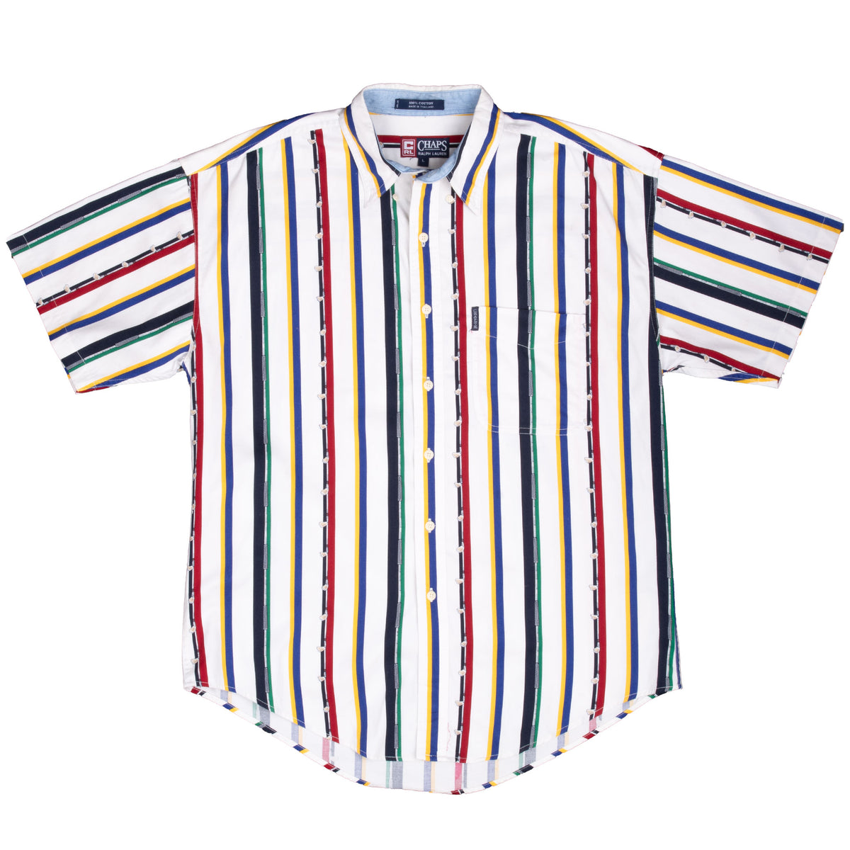 Full front of Chaps Ralph Lauren short-sleeve shirt with multicolor vertical stripes