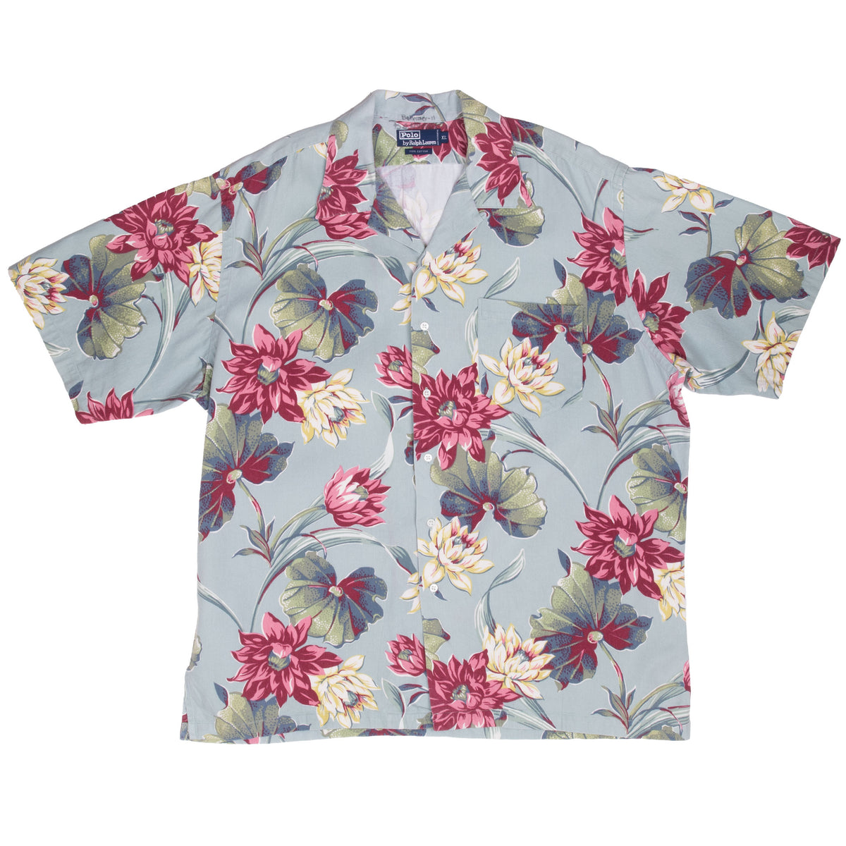 Front of Ralph Lauren short-sleeve Hawaiian shirt with multicolor lotus floral print