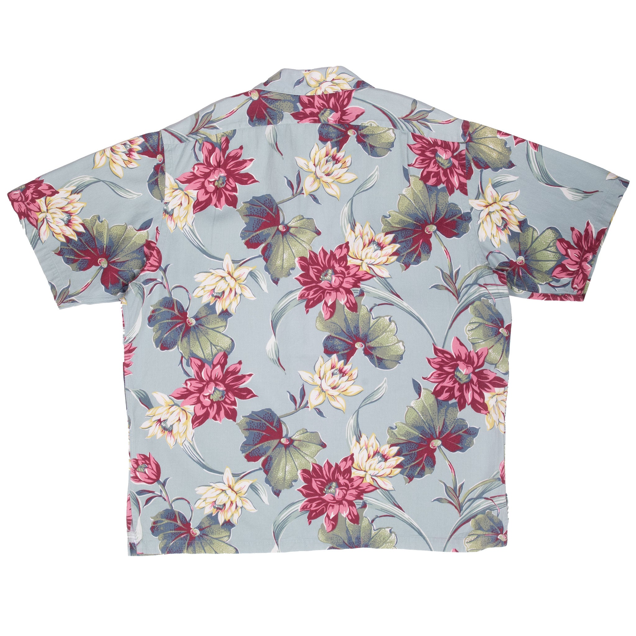 Back of Ralph Lauren Hawaiian shirt with multicolor lotus floral print on light blue