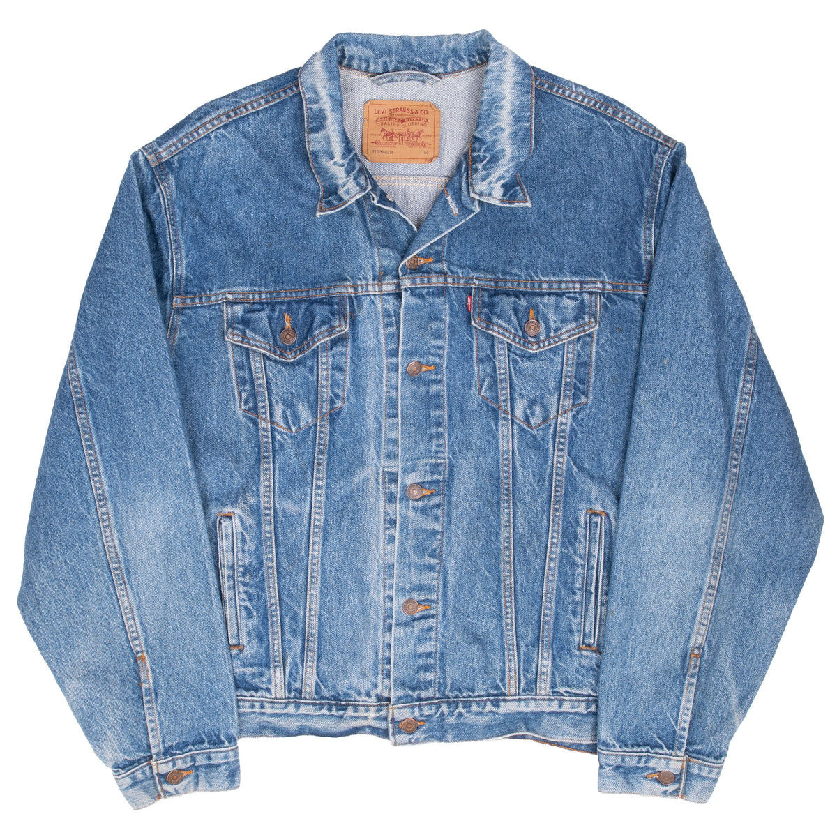 Full front view of Levi's Type 3 blue denim jacket with four pockets
