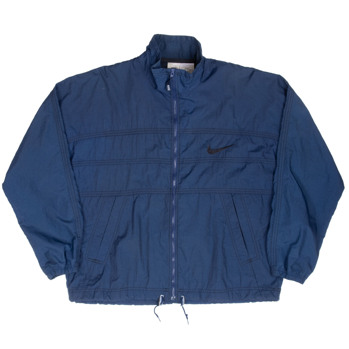 Front of blue Nike zip-up windbreaker with black Swoosh and side pockets
