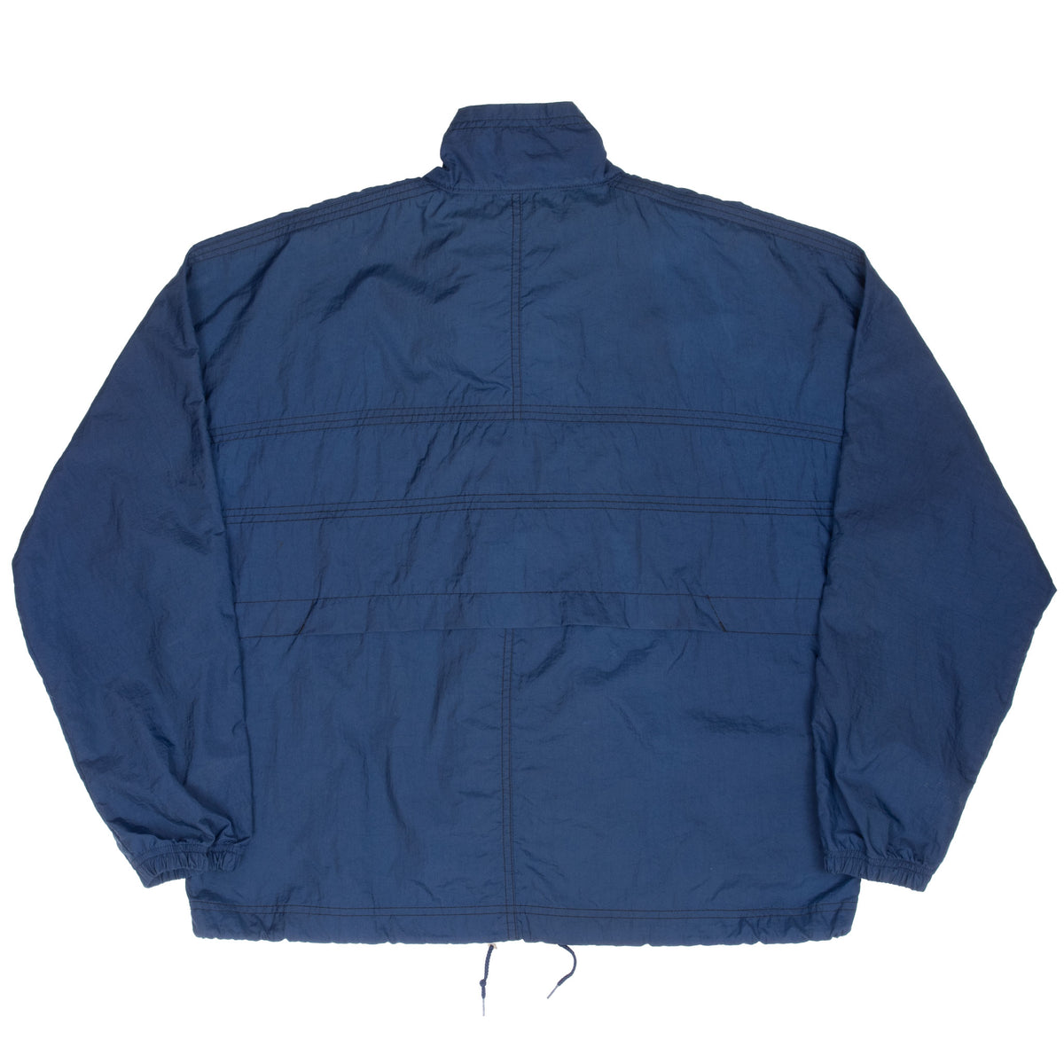 Back of blue Nike windbreaker with stand collar and paneled stitching