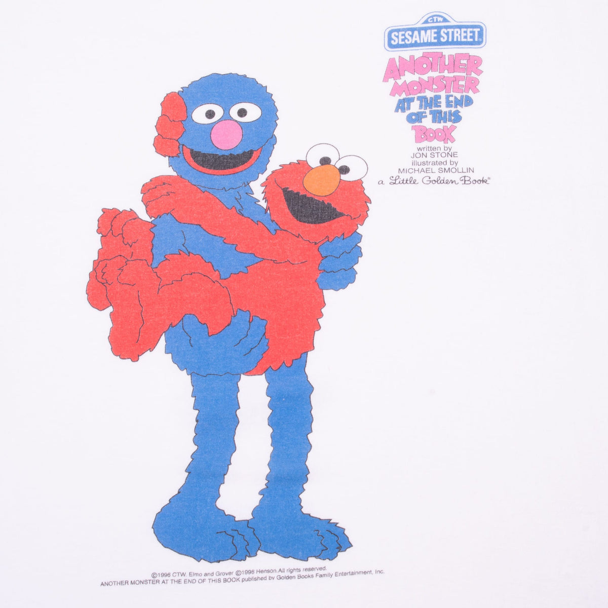 Close-up of Grover holding Elmo with Another Monster at the End of This Book lettering