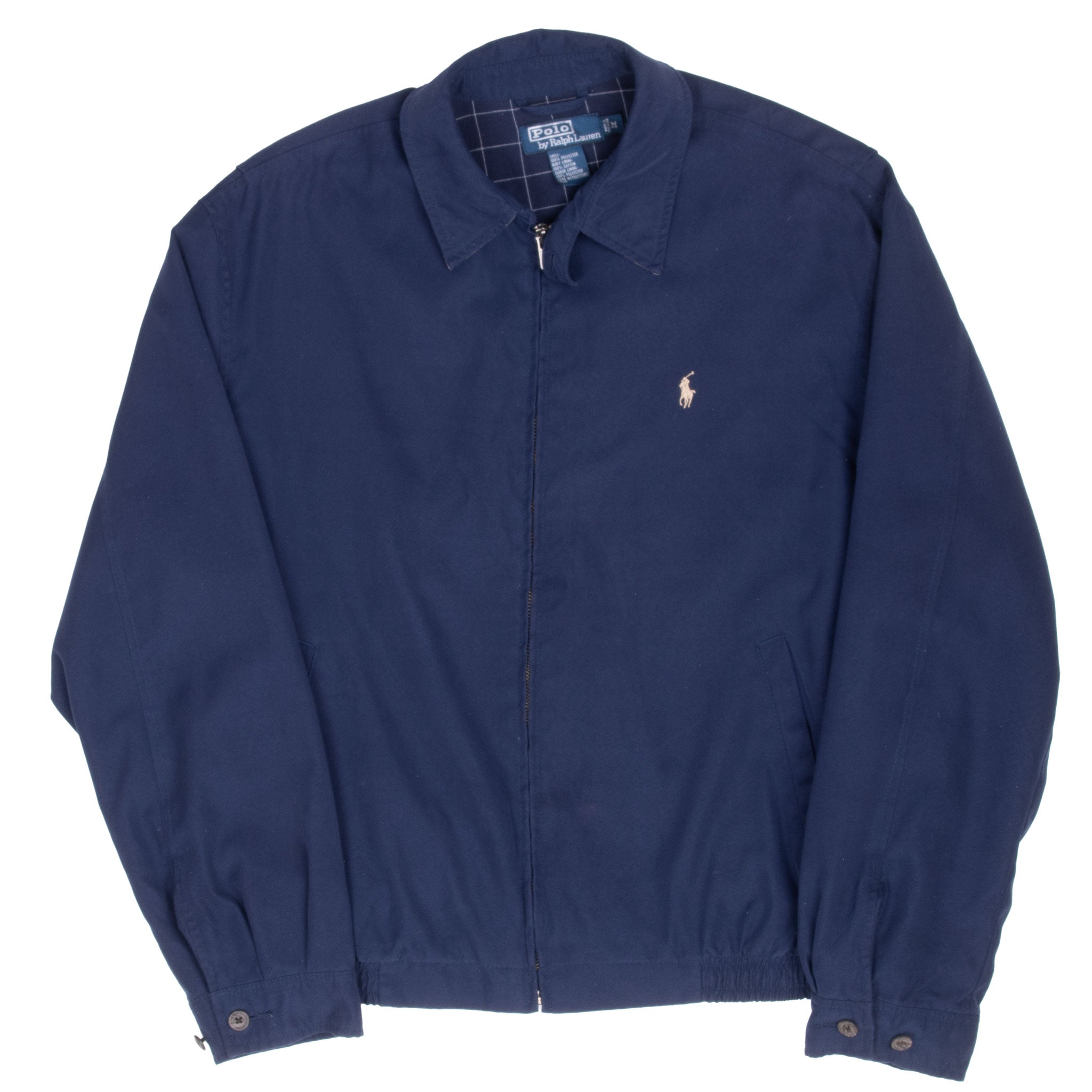 Full front view of navy Polo Ralph Lauren Harrington jacket with zip closure and side pockets